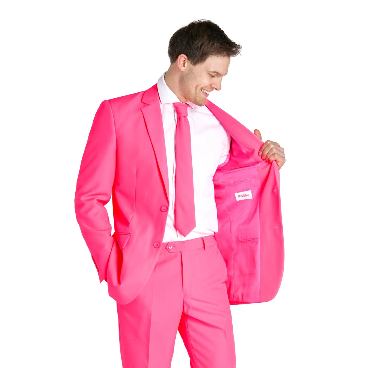 Op deze afbeelding zie je een Kostuums, van het merk Opposuits. Neon Pink Power Topper Man Kostuum