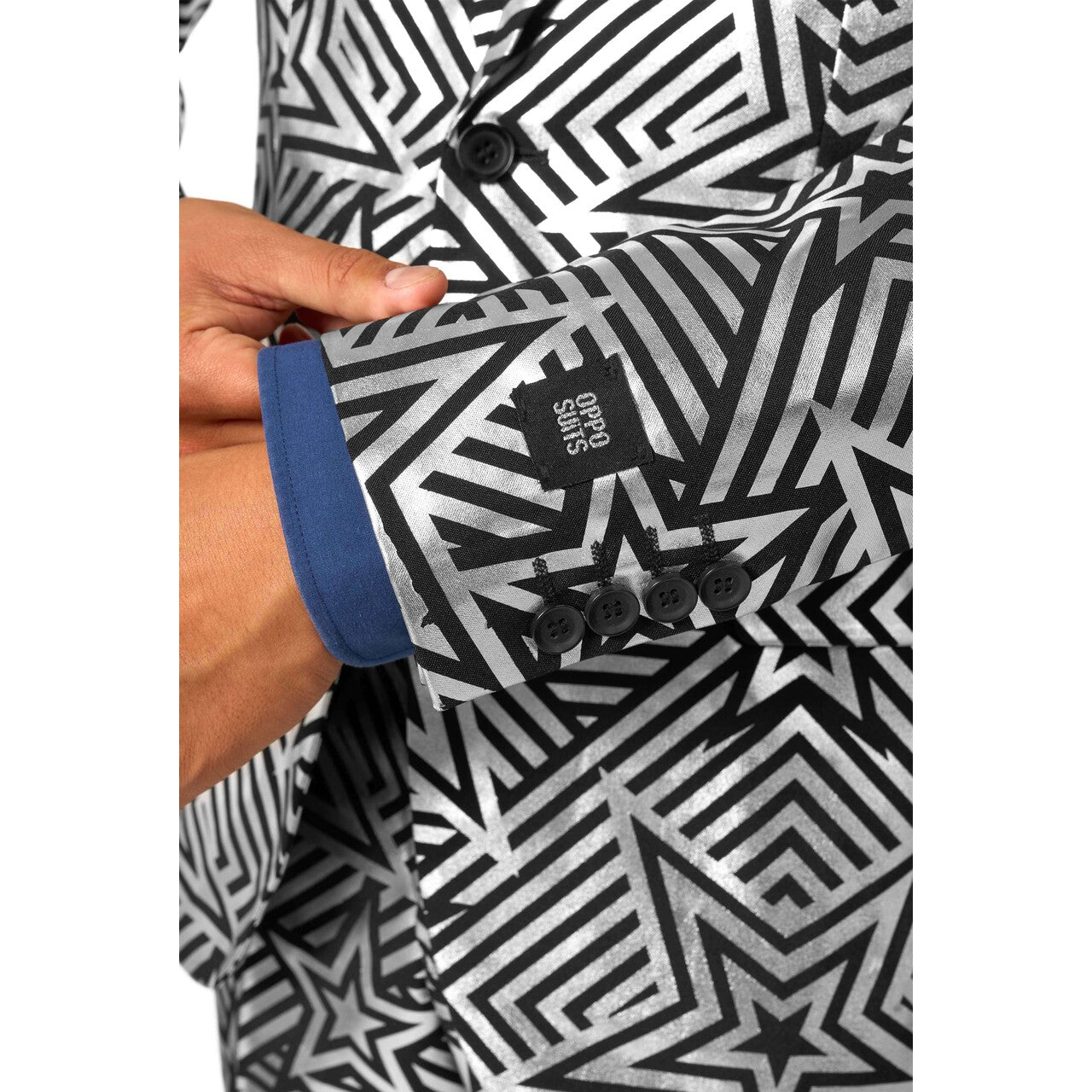 Op deze afbeelding zie je een Kostuums, van het merk Opposuits. Silver Geo Star Man Kostuum