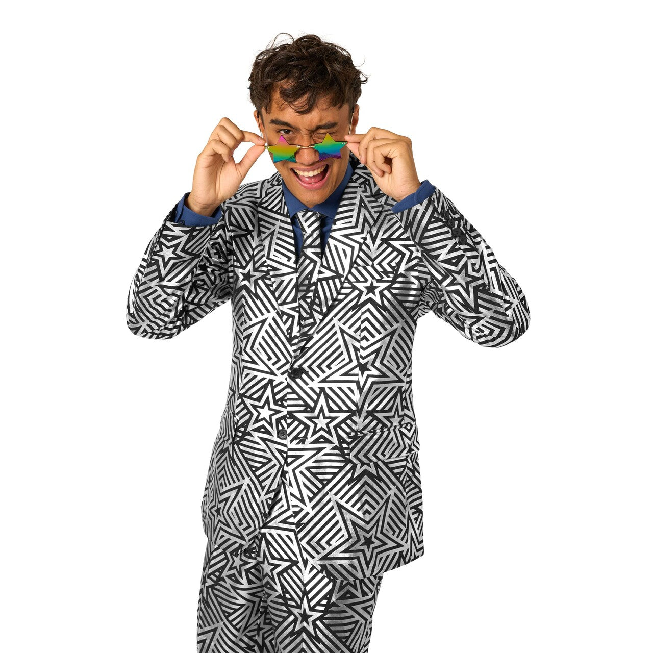 Op deze afbeelding zie je een Kostuums, van het merk Opposuits. Silver Geo Star Man Kostuum