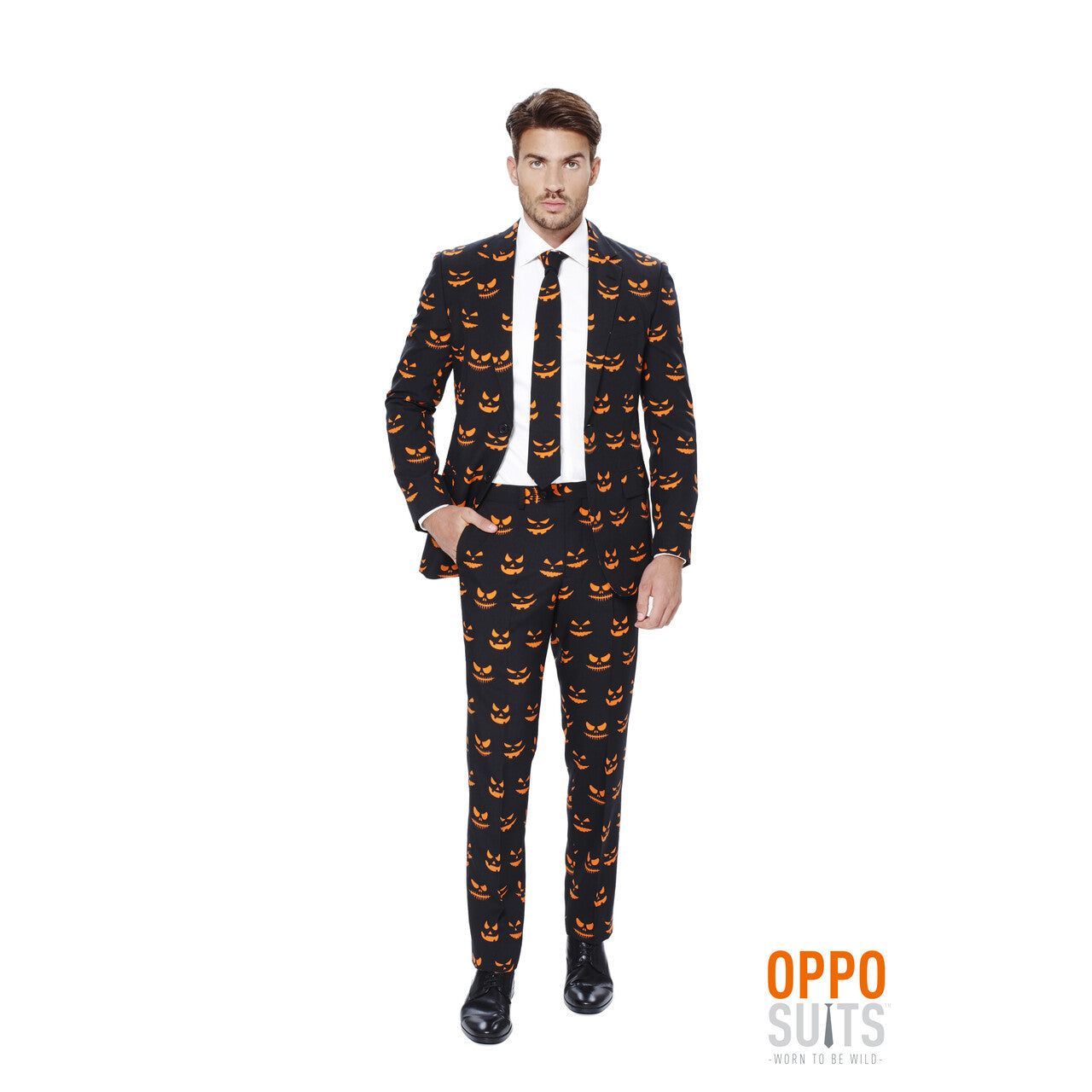 Op deze afbeelding zie je een Kostuums, van het merk Opposuits. Halloween Black-Jack-O Opposuit Man Kostuum