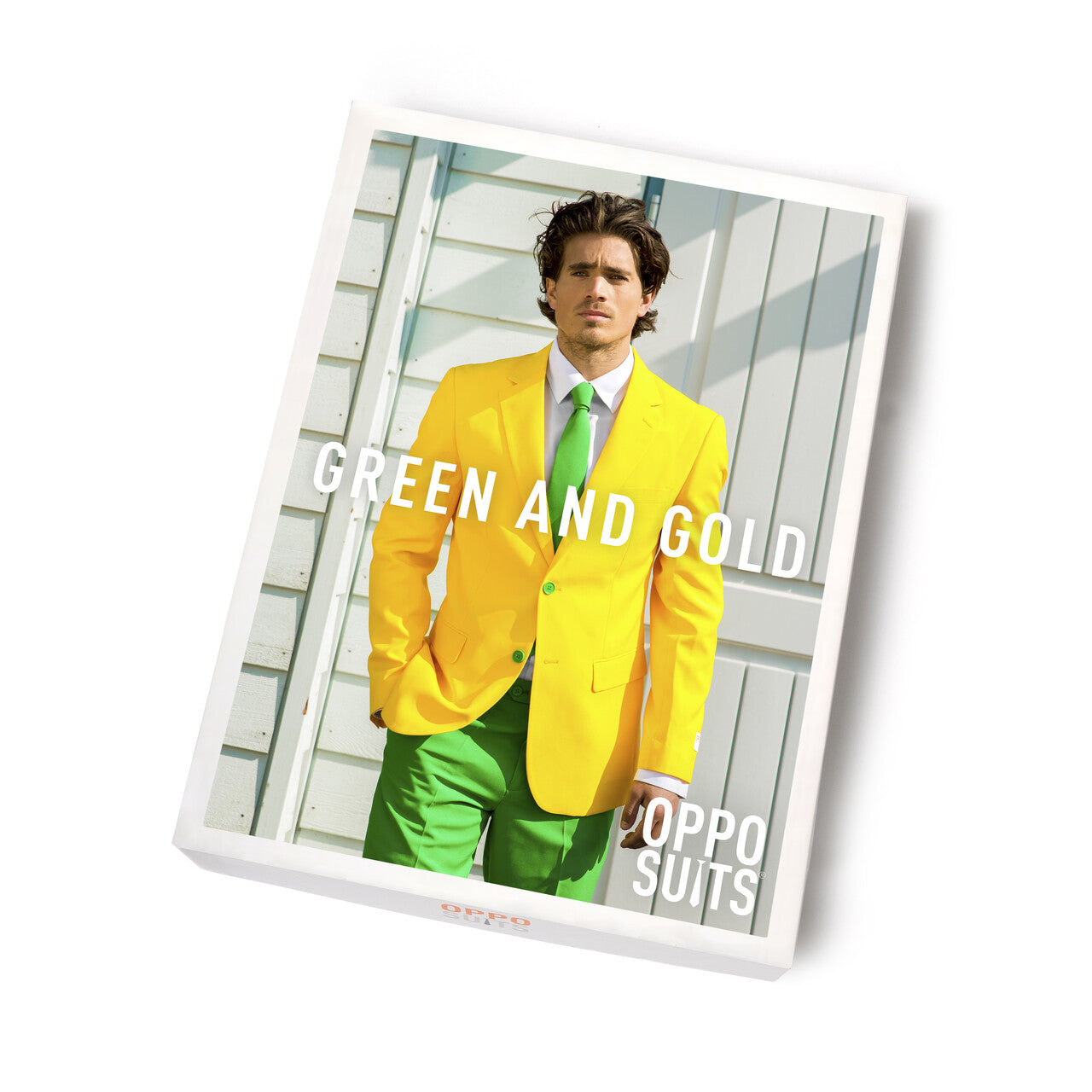 Op deze afbeelding zie je een Kostuums, van het merk Opposuits. Flashy Green And Gold Opposuit Man Kostuum