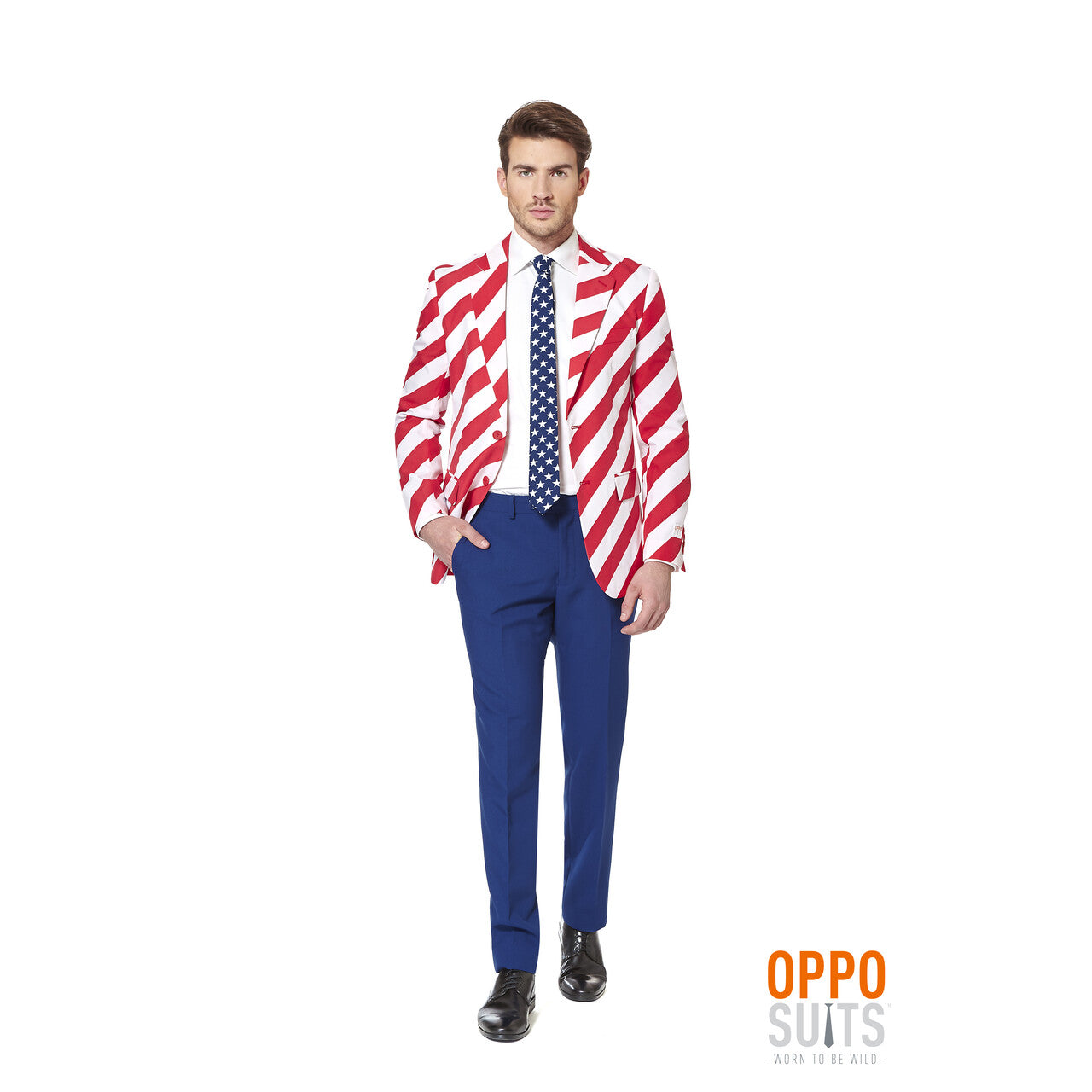 Op deze afbeelding zie je een Kostuums, van het merk Opposuits. USA United Stripes Opposuit Man Kostuum