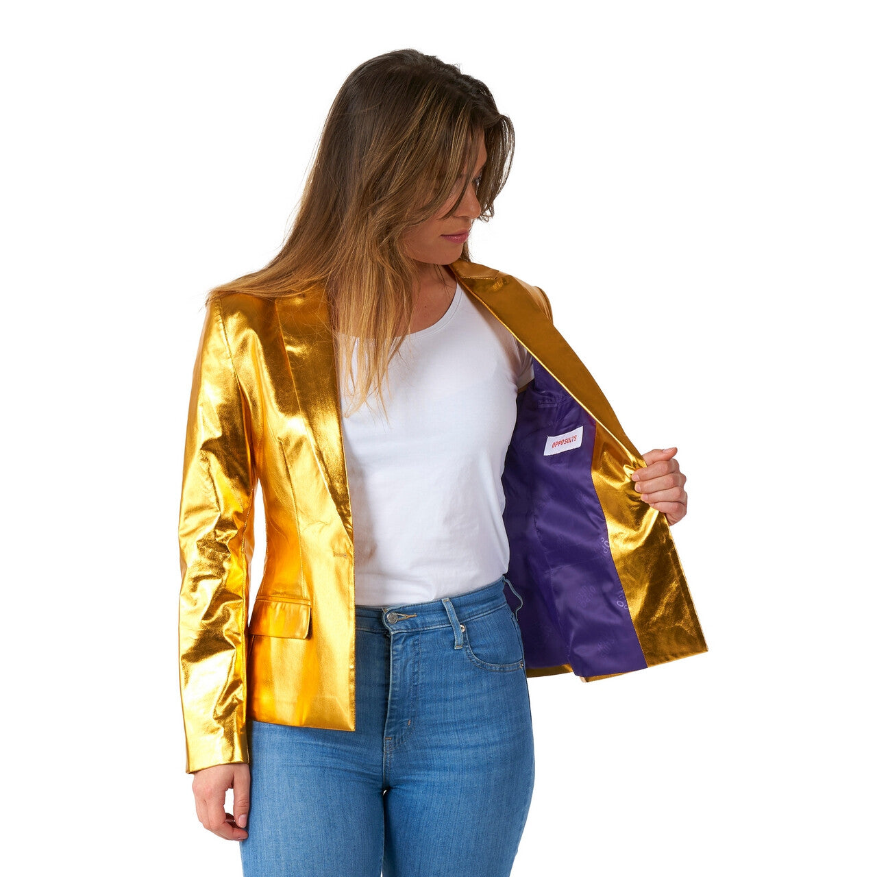 Op deze afbeelding zie je een Kostuums, van het merk Opposuits. Shiny Groovy Gold Jas Vrouw