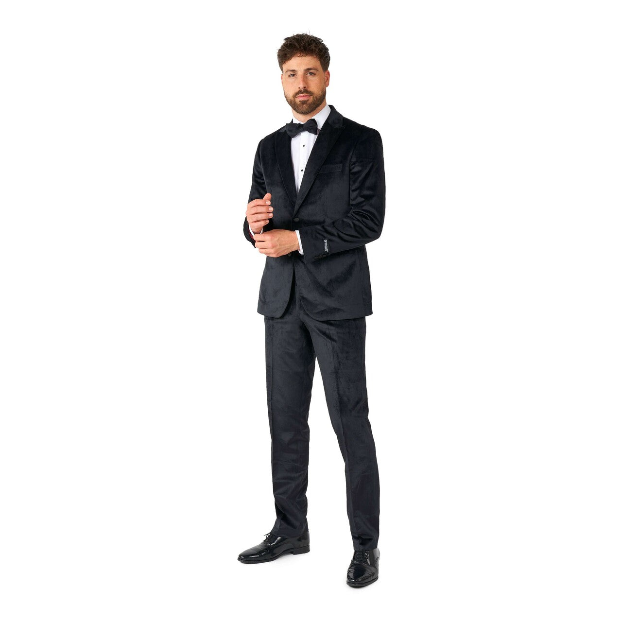 Op deze afbeelding zie je een Kostuums, van het merk Opposuits. Midnight Black Velvet Man Kostuum