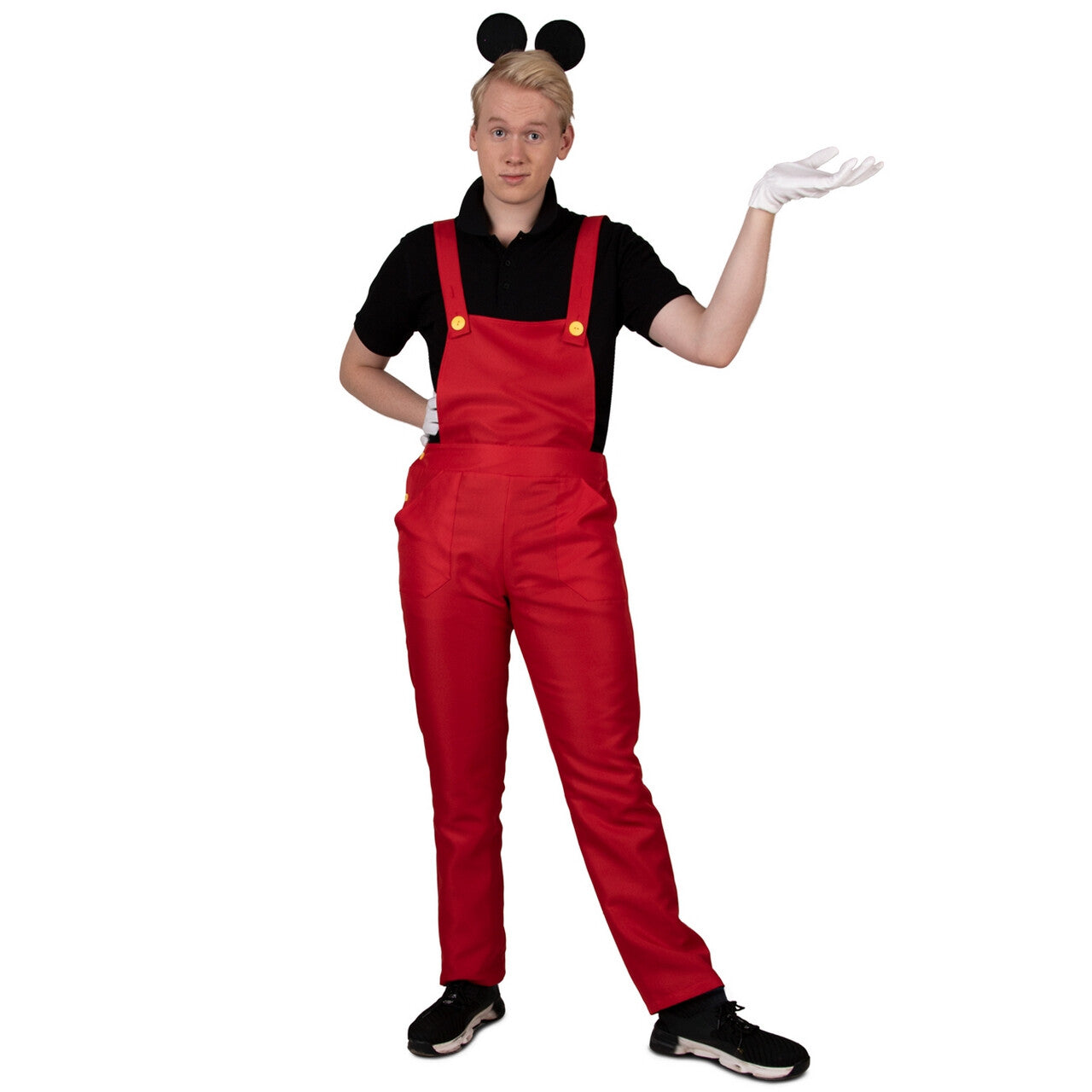 Op deze afbeelding zie je een Kostuums, van het merk PartyXplosion. Rode Vrolijke Mickey Tuinbroek Man