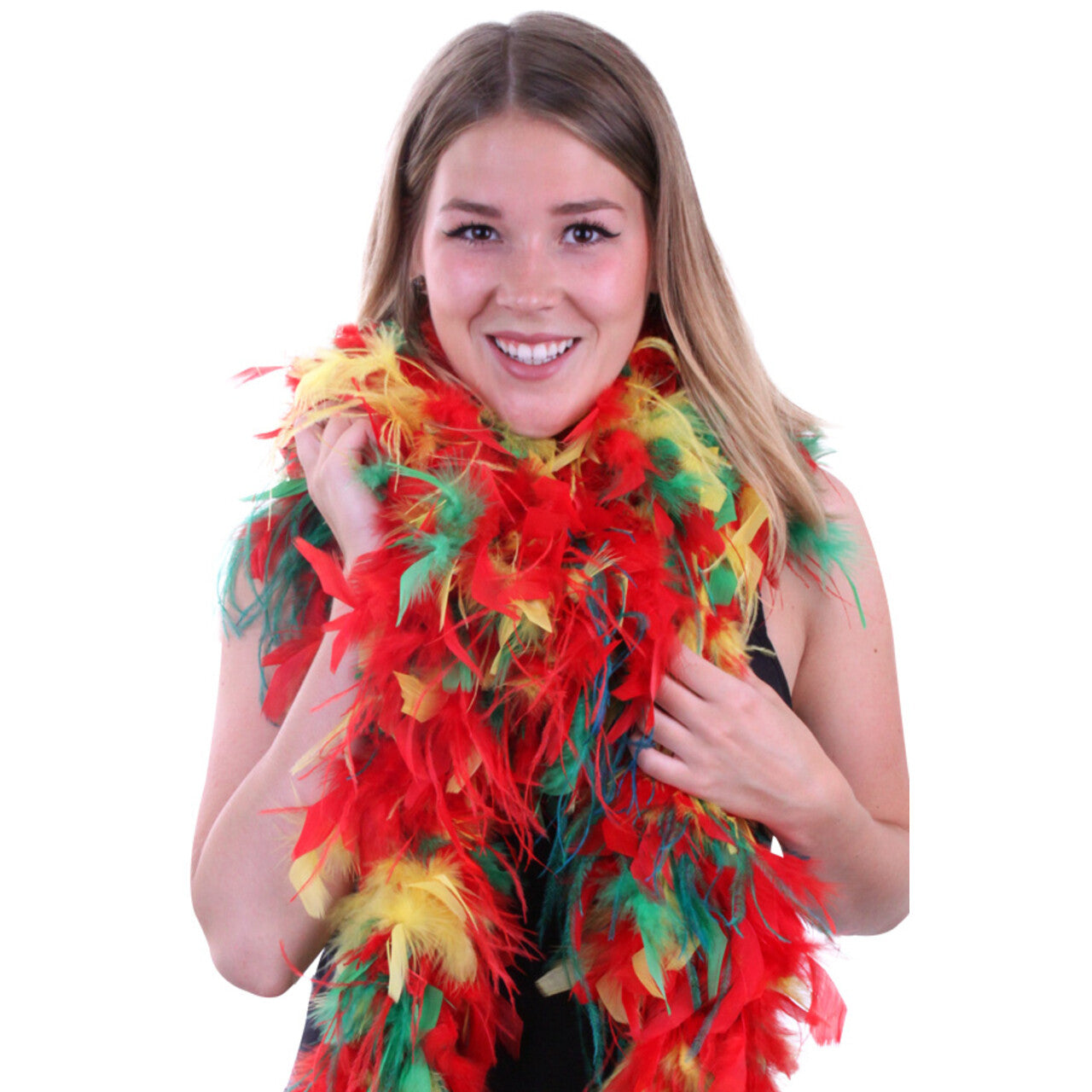 Op deze afbeelding zie je een Accessoires, van het merk PartyXplosion. Boa Deluxe Rood Geel Groen 180 Centimeter