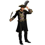 Op deze afbeelding zie je een Kostuums, van het merk PartyXplosion. Piraten Jas Zwart Brokaat Piet Hein Man