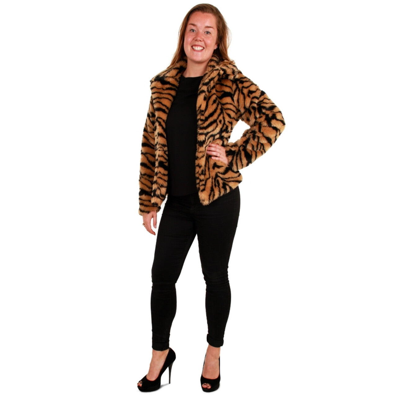 Op deze afbeelding zie je een Kostuums, van het merk PartyXplosion. Roofdier Bontjastijger Vrouw