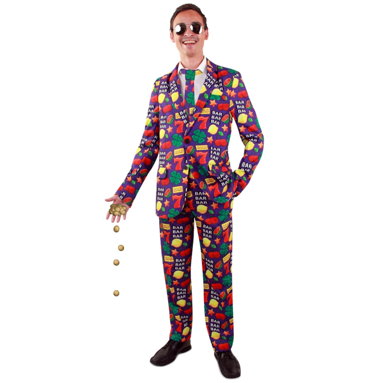 Op deze afbeelding zie je een Kostuums, van het merk PartyXplosion. Casino Fruitautomaat Slot Machine Gok Man Kostuum