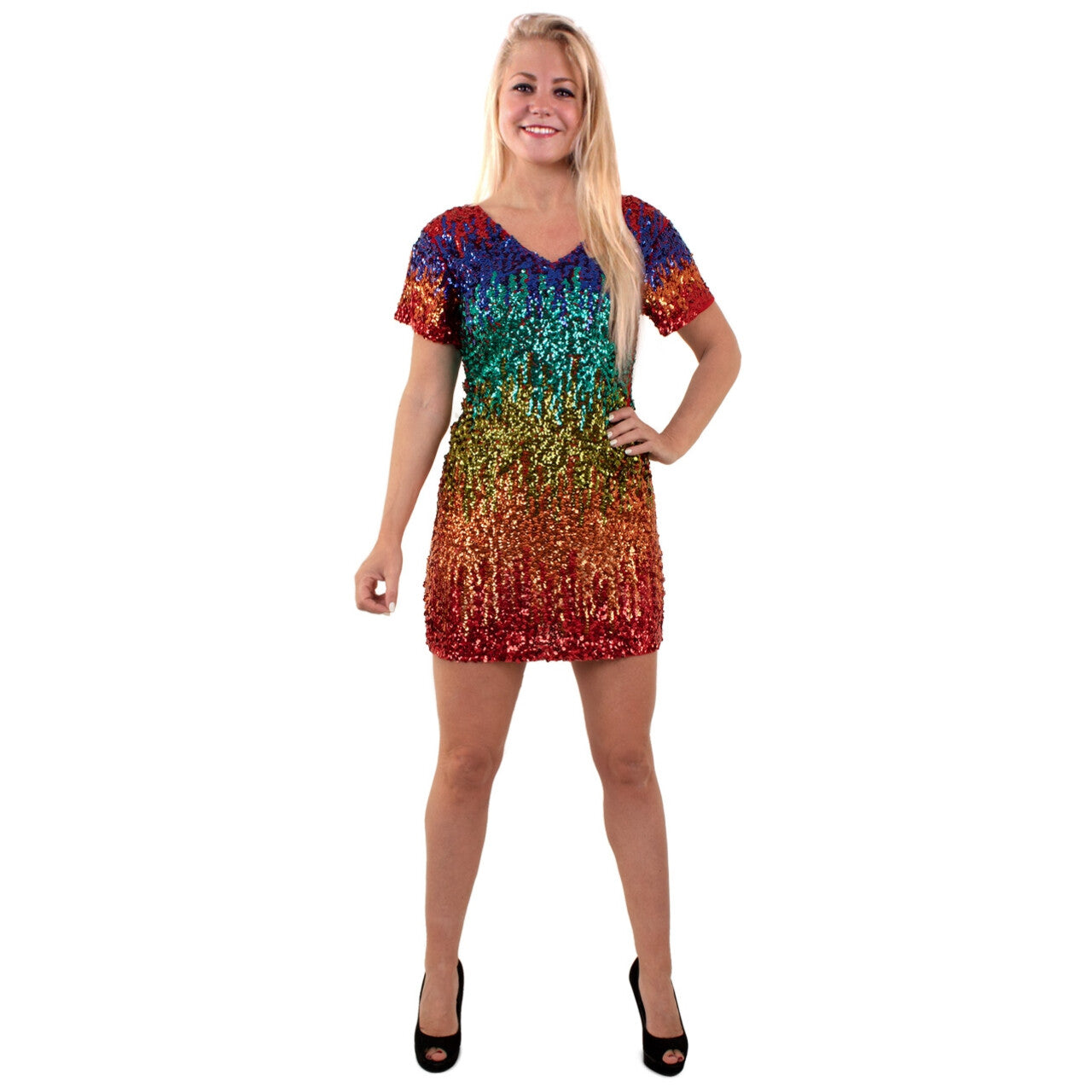Op deze afbeelding zie je een Kostuums, van het merk PartyXplosion. Oogverblindende Glitter Regenboog Jurk Vrouw