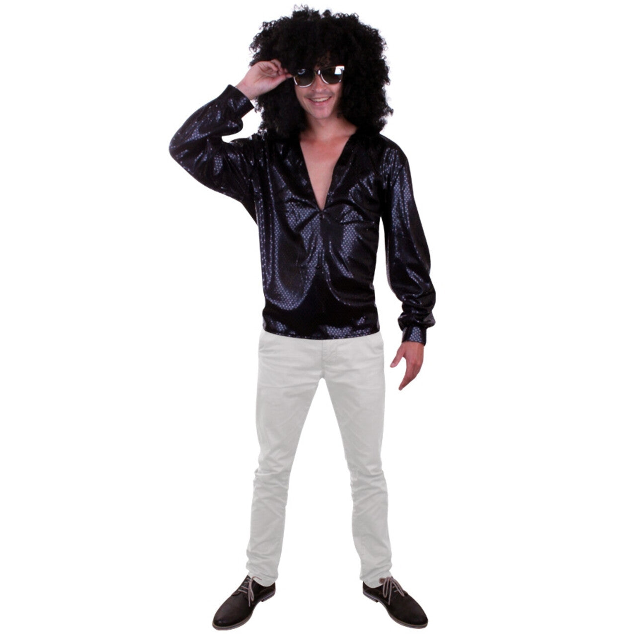 Op deze afbeelding zie je een Kostuums, van het merk PartyXplosion. Glitter Blouse Zwart Slash Man