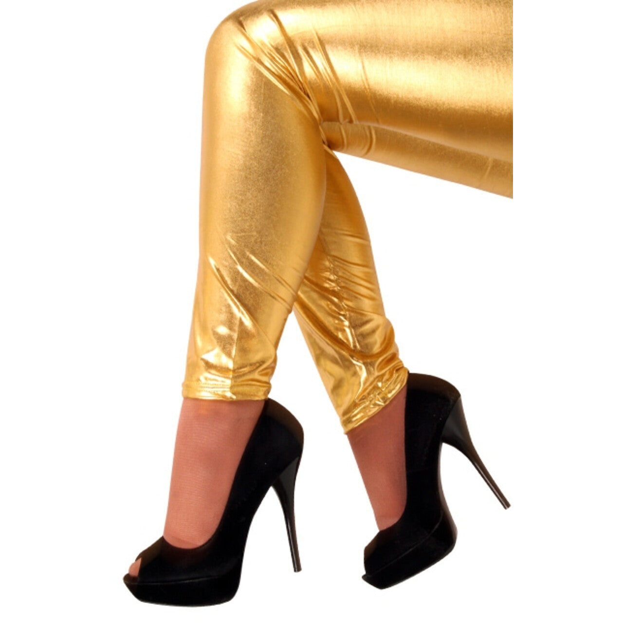 Op deze afbeelding zie je een Kostuums, van het merk PartyXplosion. Gouden Show Benen Legging Metallic Meisje