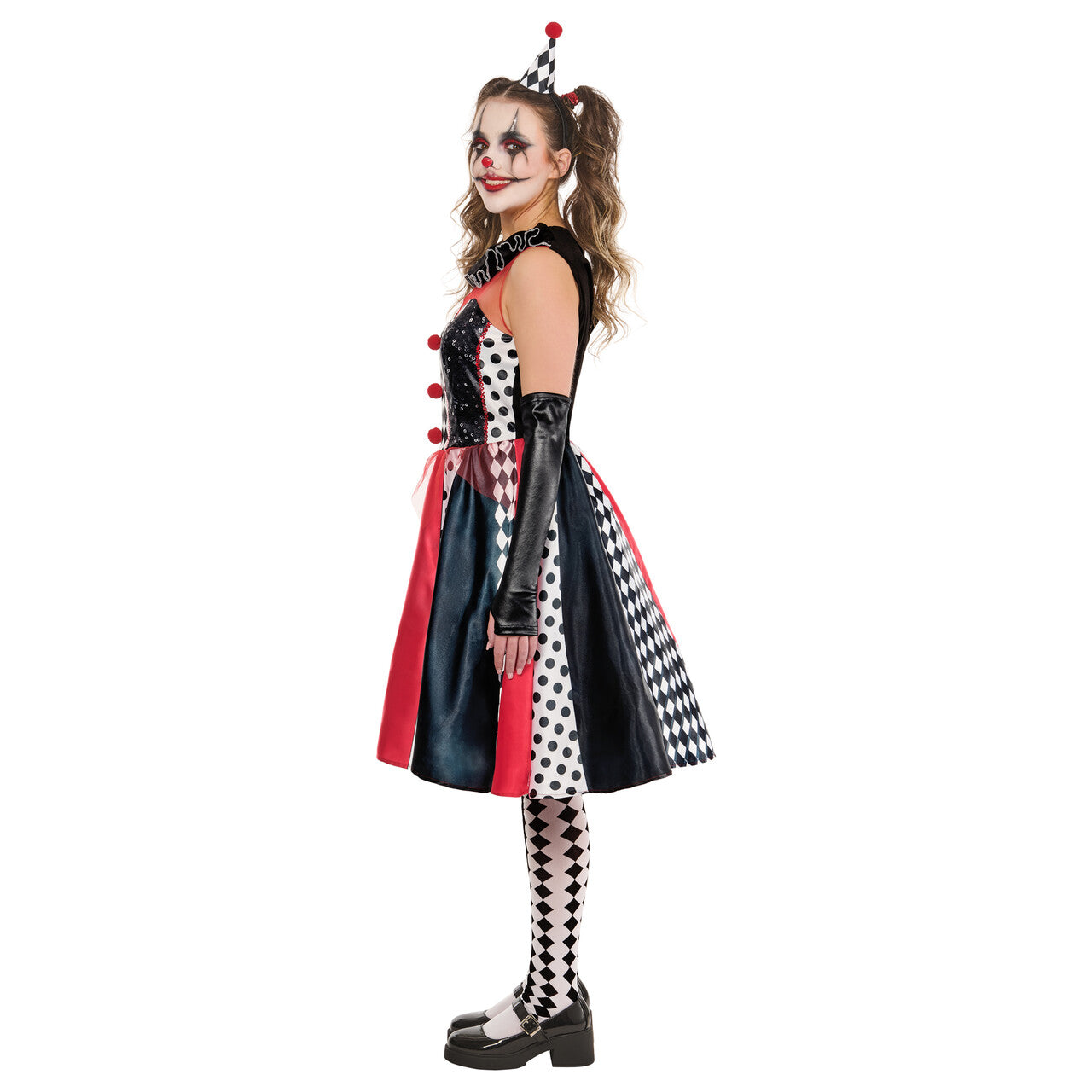 Op deze afbeelding zie je een Kostuums, van het merk Rubies. Monochrome Harlequin Clown Vrouw Kostuum