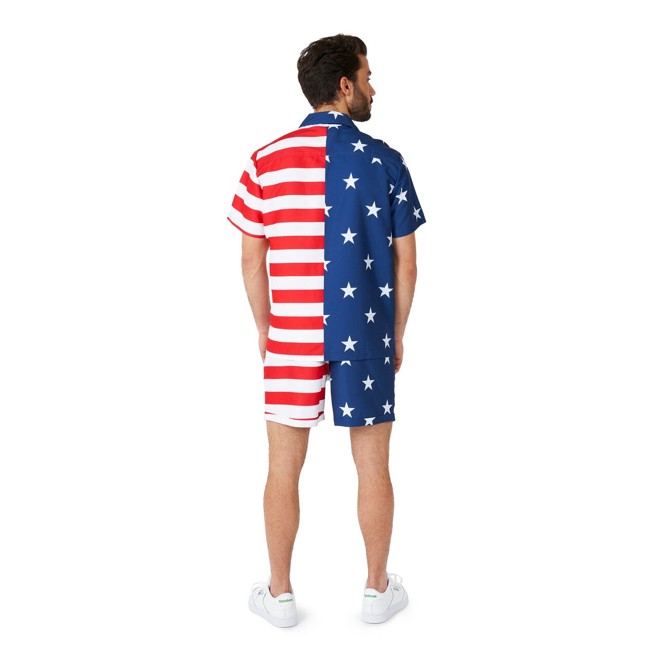 Op deze afbeelding zie je een Kostuums, van het merk Opposuits. Mr America Stars And Stripes Man Kostuum