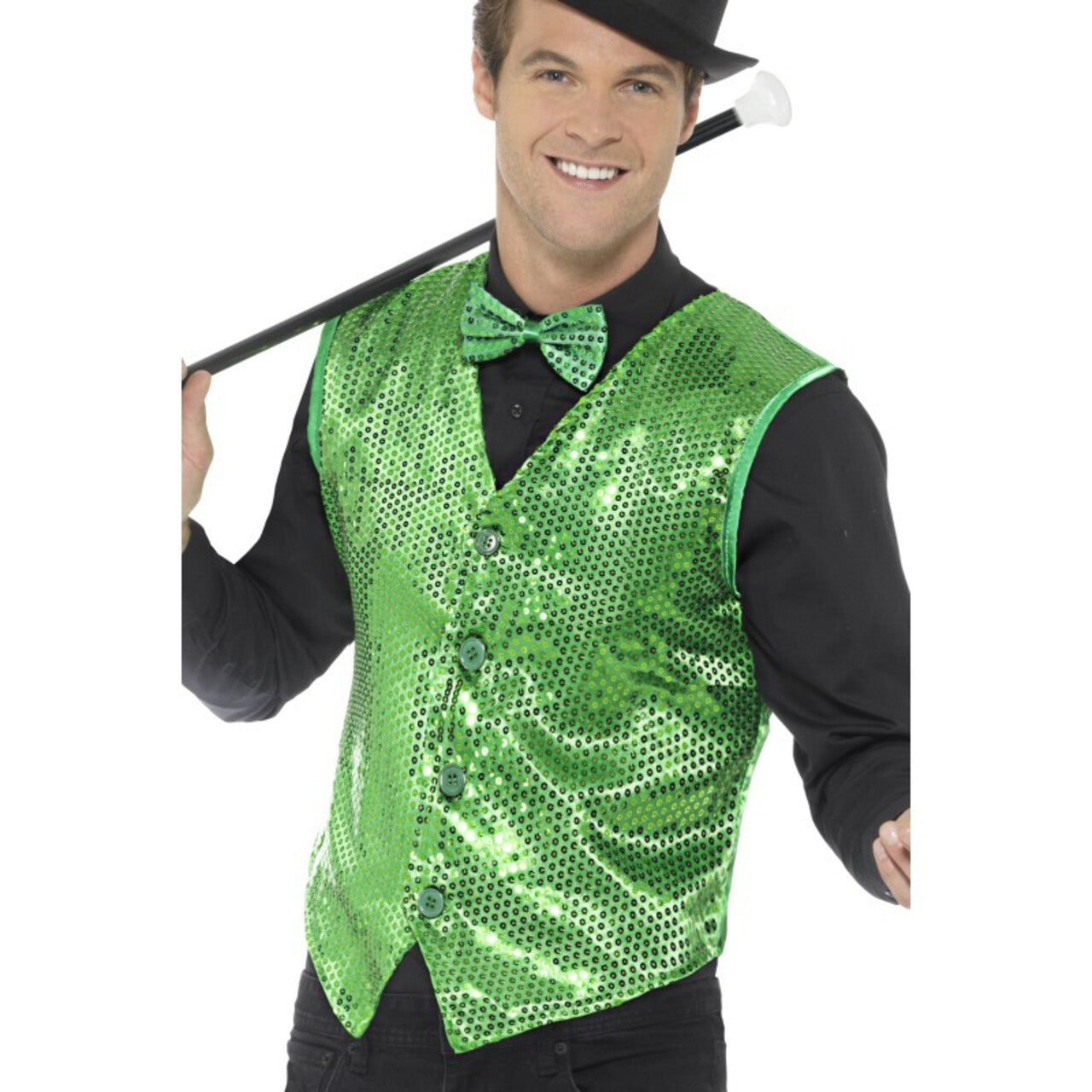 Op deze afbeelding zie je een Kostuums, van het merk Smiffy's. Schitterend Kikkergroen Pailletten Vest Voor Diverse Gelegenheden Man