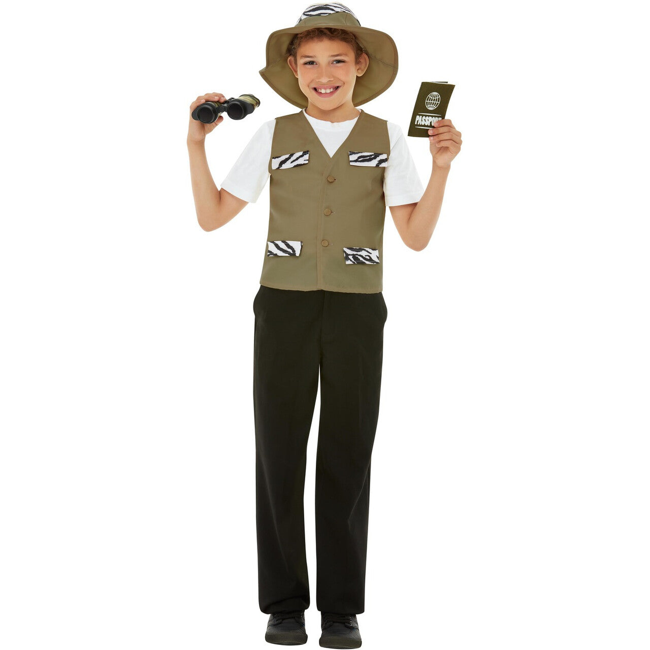 Op deze afbeelding zie je een Kostuums, van het merk Smiffy's. Vierdelige Set Ontdekkingsreiziger Safari Kind