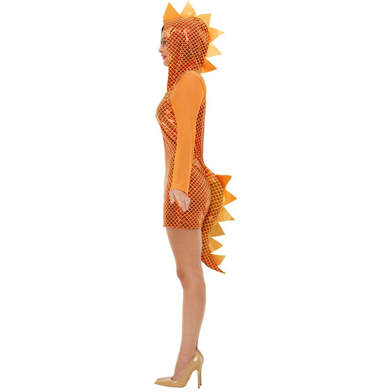 Op deze afbeelding zie je een Kostuums, van het merk Smiffy's. Oranje Glimmende Schubben Draak Met Stekels Vrouw Kostuum