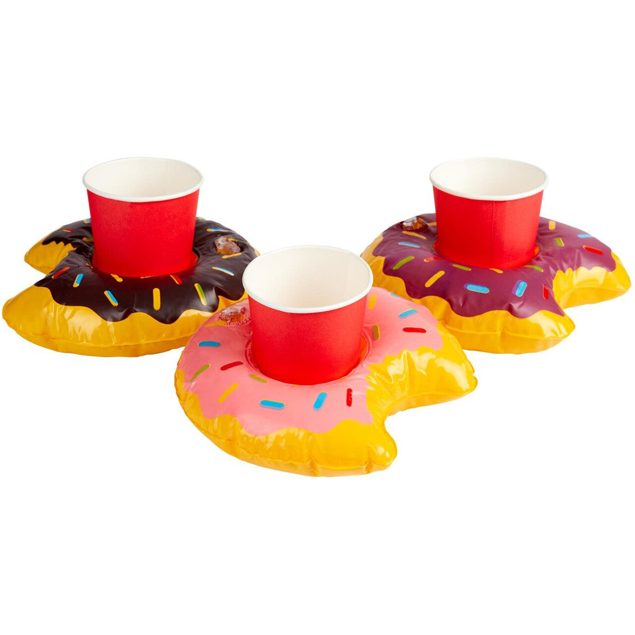 Op deze afbeelding zie je een Decoratie, van het merk Smiffy's. 3 Opblaasbare Donut Bekerhouders