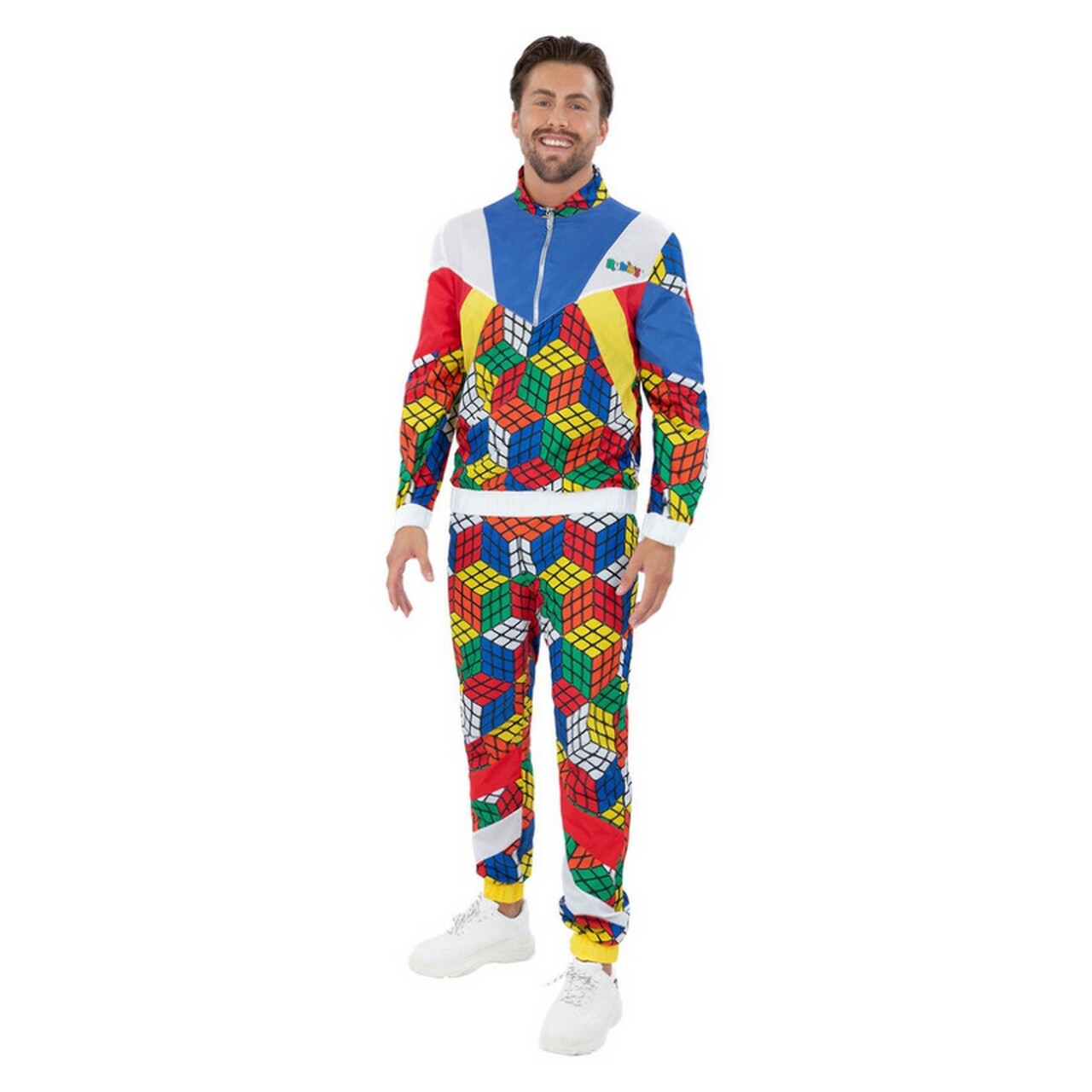 Op deze afbeelding zie je een Kostuums, van het merk Smiffy's. Rubiks Cube Trainingspak 80s Man Kostuum