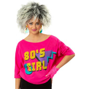 Op deze afbeelding zie je een Kostuums, van het merk Smiffy's. 80s Bat Wing Shirt Neon Roze Vrouw