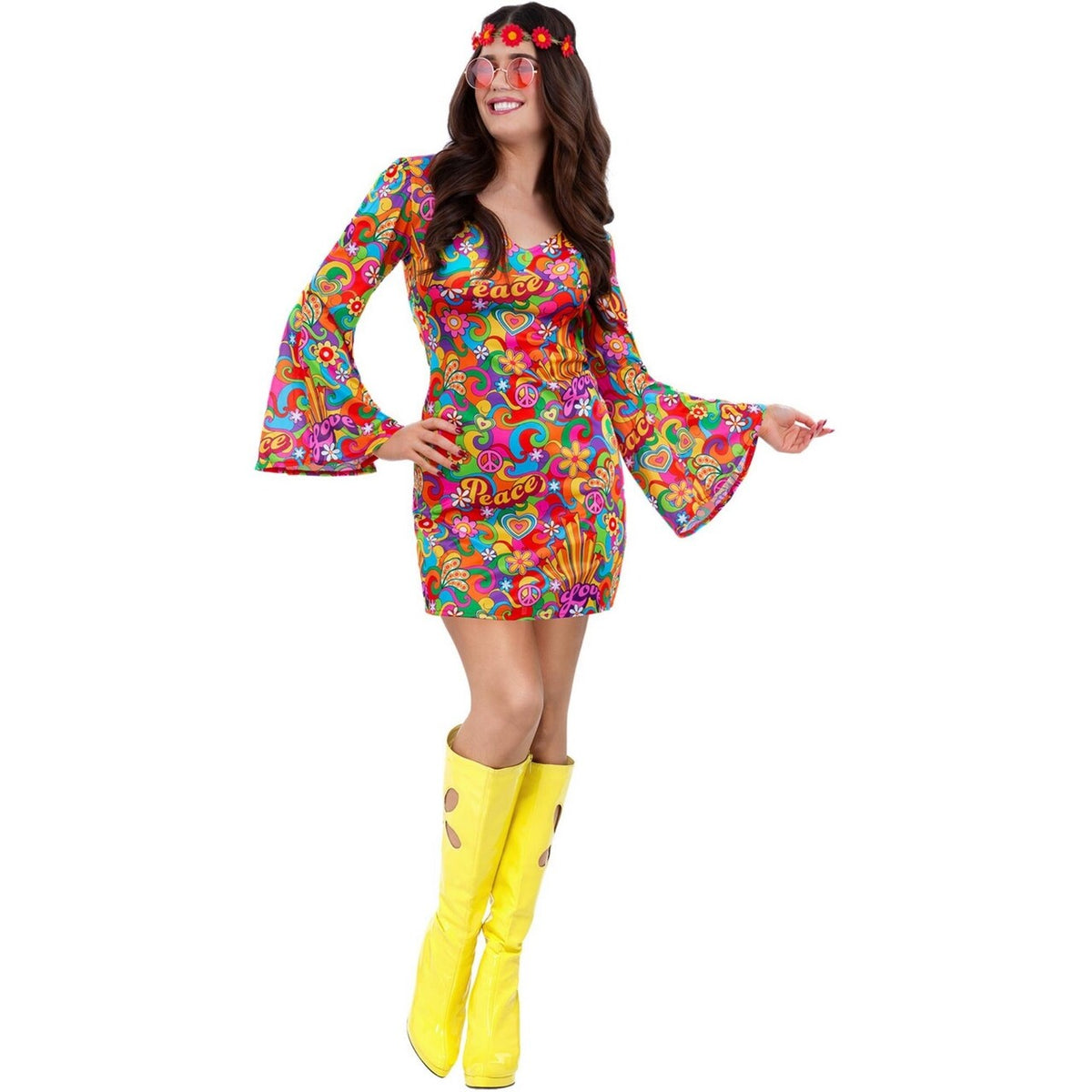 Op deze afbeelding zie je een Kostuums, van het merk Smiffy's. 60s Rainbow Peace And Love Hippie Summer Vrouw Kostuum