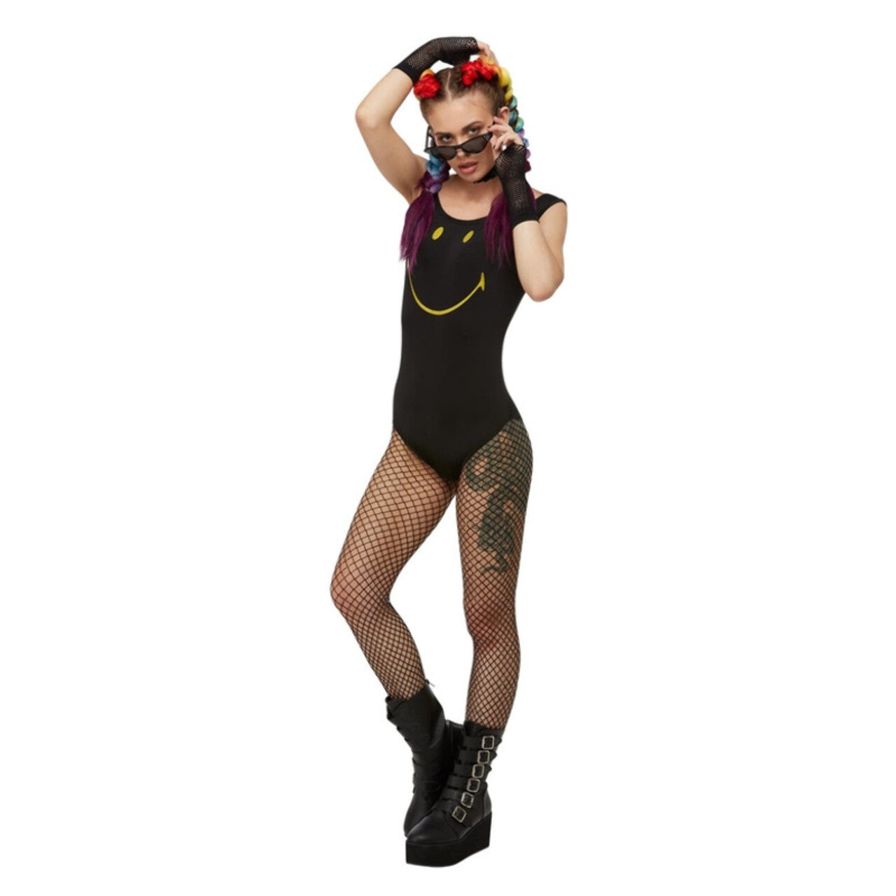 Op deze afbeelding zie je een Kostuums, van het merk Smiffy's. Zwart Smiley Raver Bodysuit Vrouw