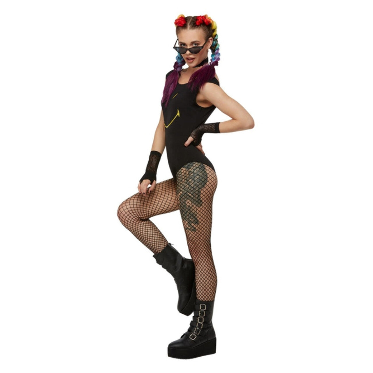 Op deze afbeelding zie je een Kostuums, van het merk Smiffy's. Zwart Smiley Raver Bodysuit Vrouw