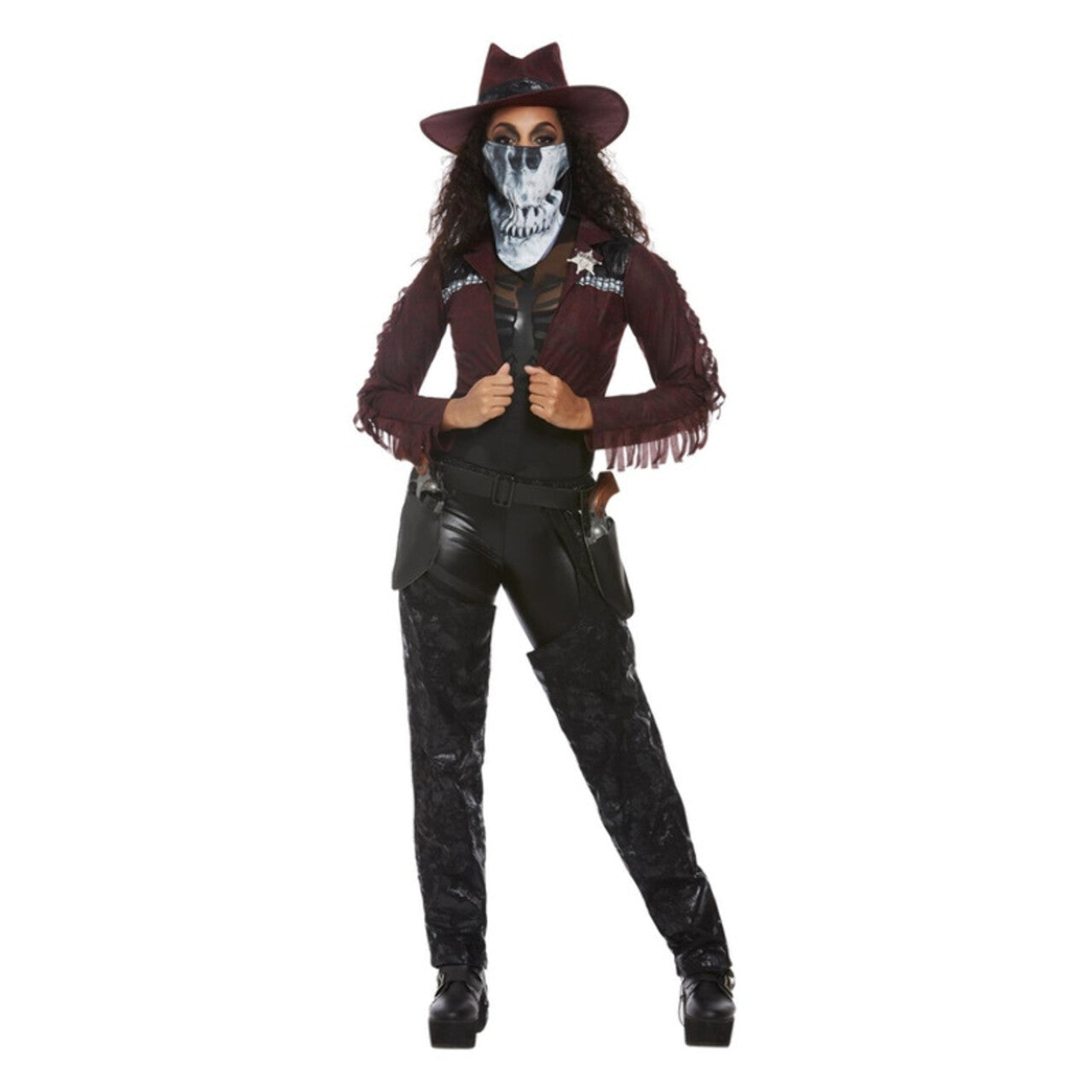 Op deze afbeelding zie je een Kostuums, van het merk Smiffy's. Luxe Cowboy Dame Met Schedelmasker Vrouw Kostuum
