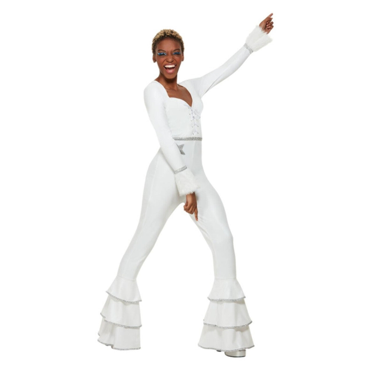 Op deze afbeelding zie je een Kostuums, van het merk Smiffy's. 70s Wit Deluxe Disco Kostuum Vrouw