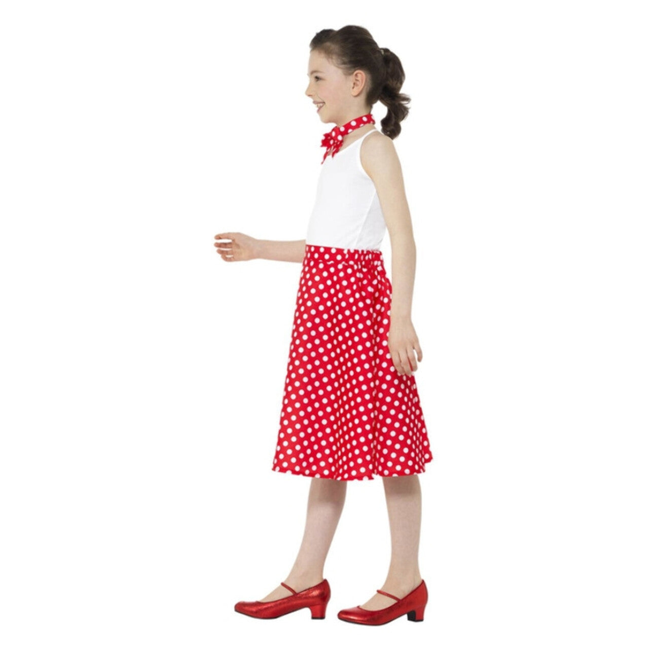 Op deze afbeelding zie je een Kostuums, van het merk Smiffy's. Rode Stippen Jaren 50 Polka Dot Meisje Kostuum