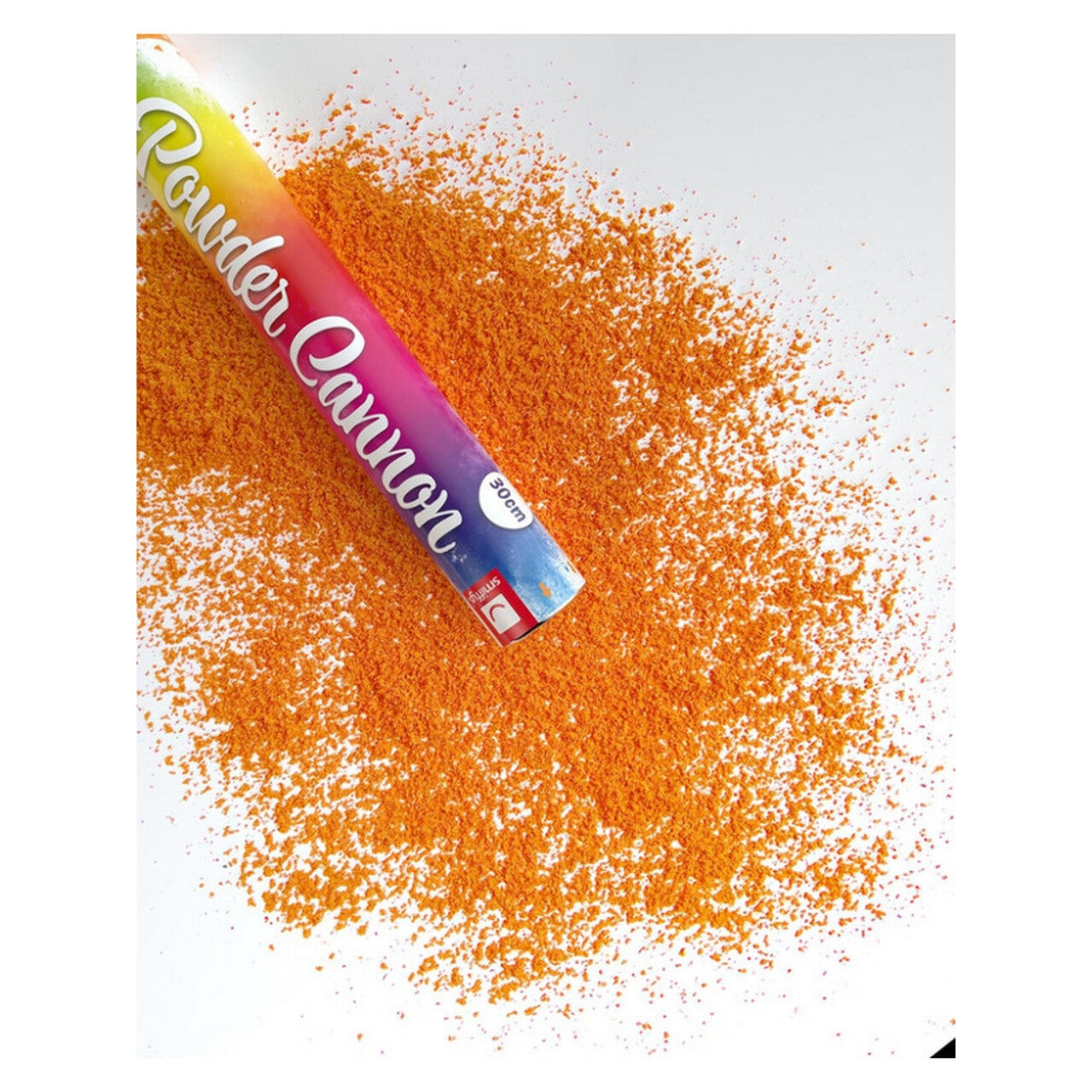 Op deze afbeelding zie je een Decoratie, van het merk Smiffy's. Festival Van Kleuren Poeder Kanon Oranje 30 Centimeter 1 Stuk
