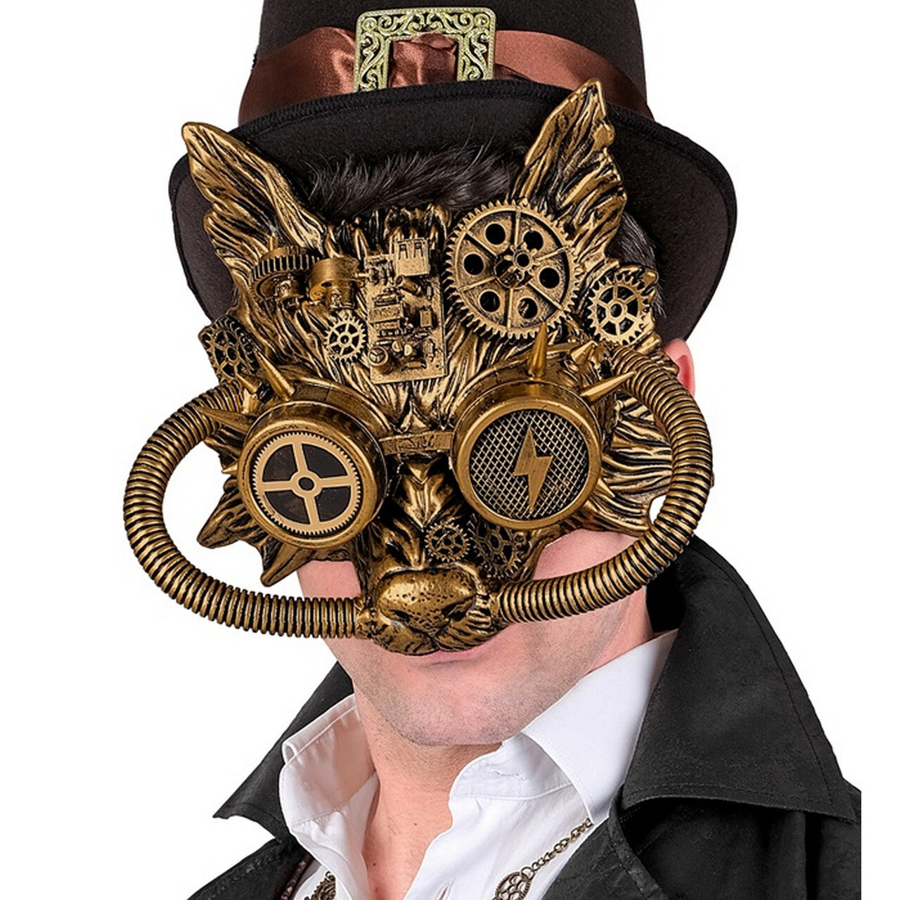 Op deze afbeelding zie je een Accessoires, van het merk Widmann. Gouden Fantasy Wolf Masker Steampunk