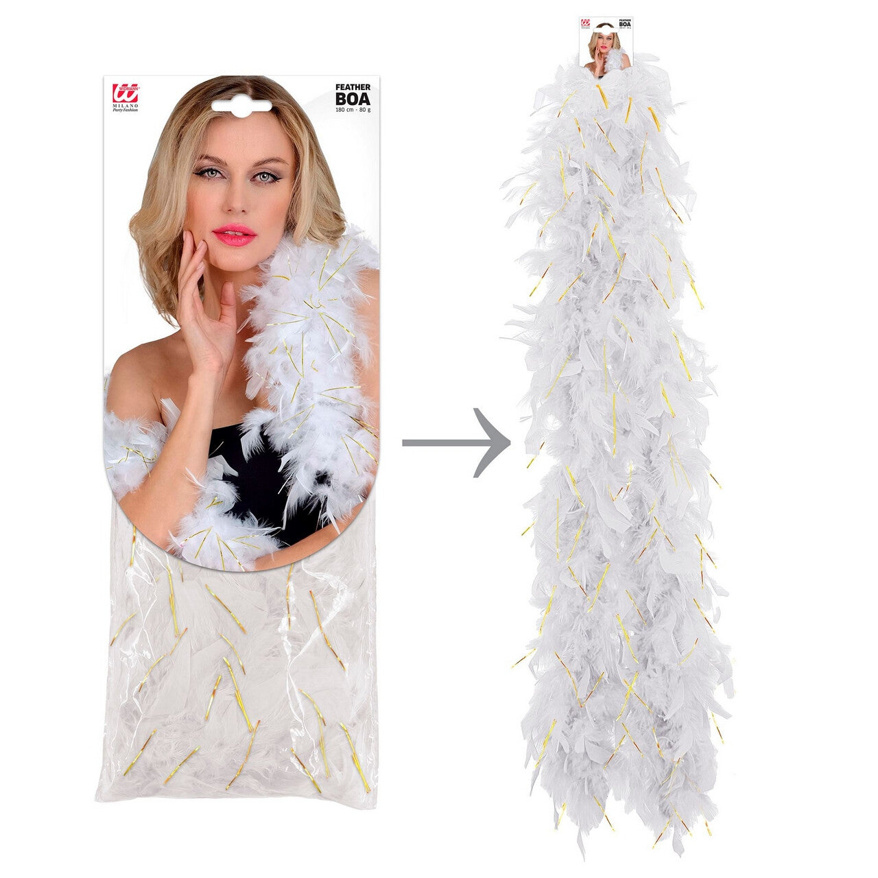 Op deze afbeelding zie je een Accessoires, van het merk Widmann. Boa Wit Goud 180 Centimeter 50 Gram