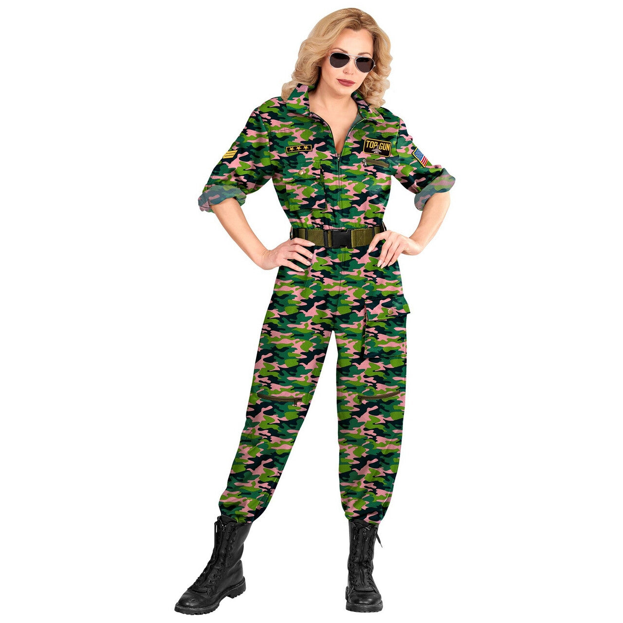 Op deze afbeelding zie je een Kostuums, van het merk Widmann. Straaljagerpiloot Top Gunner Roze Camo Vrouw Kostuum