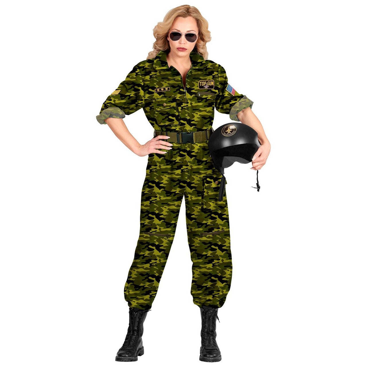 Op deze afbeelding zie je een Kostuums, van het merk Widmann. Green Camo Army Piloot Top Gun Vrouw Kostuum