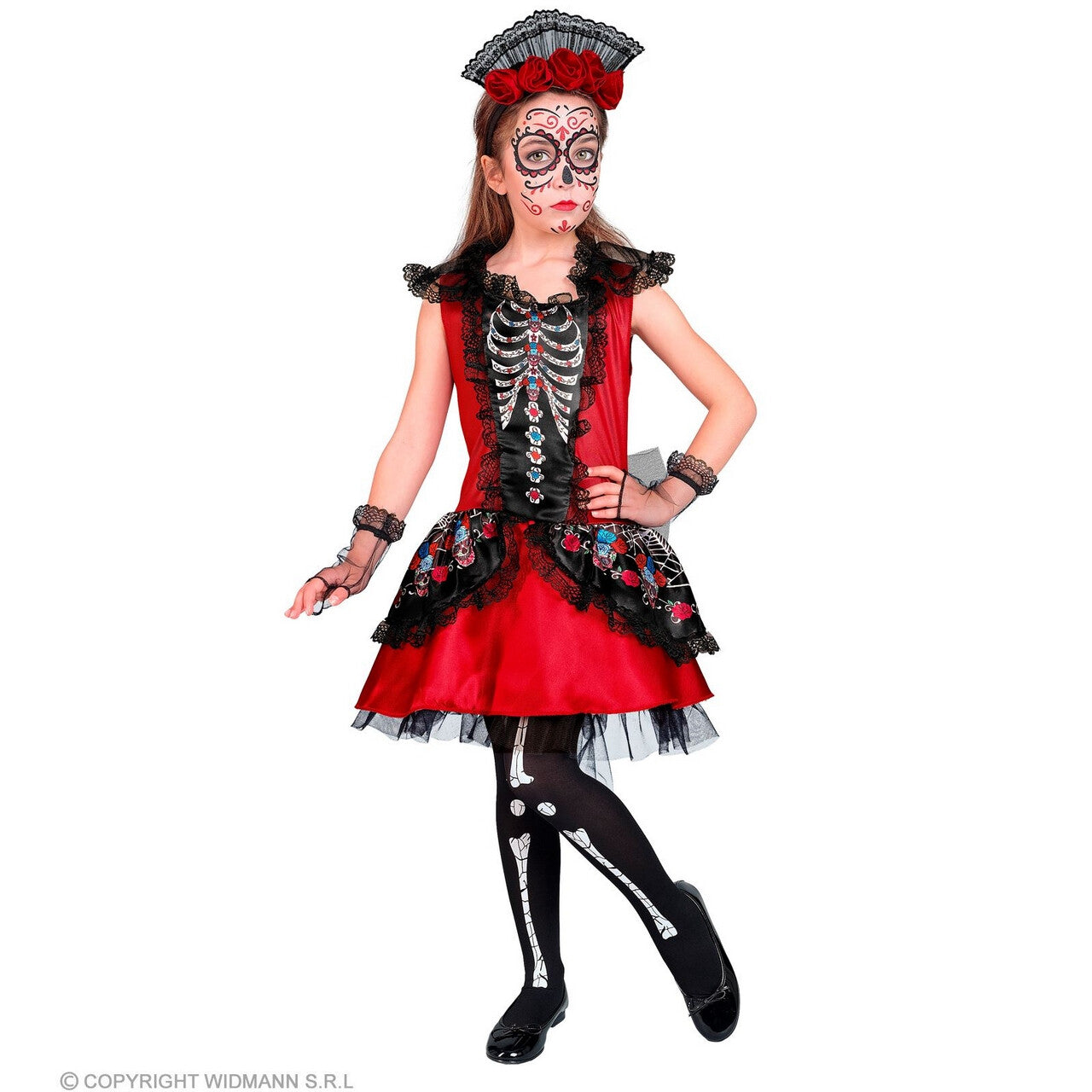 Op deze afbeelding zie je een Kostuums, van het merk Widmann. Feestelijke Rode Day Of The Dead Jurk Meisje