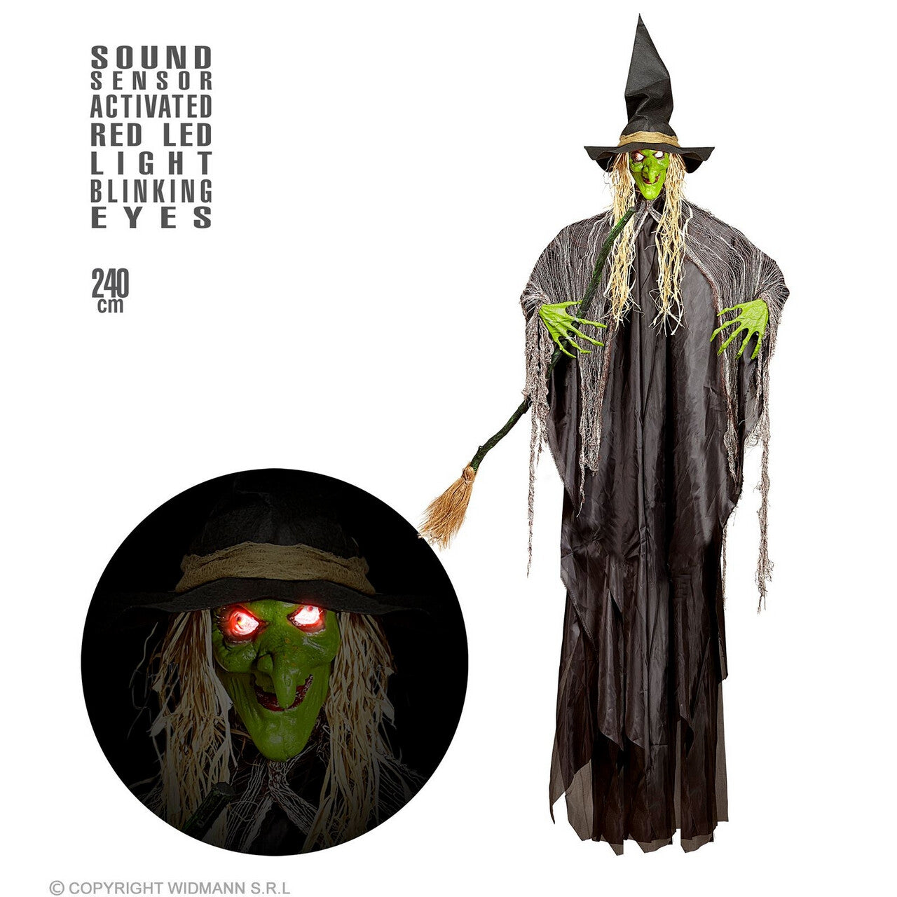 Op deze afbeelding zie je een Decoratie, van het merk Widmann. Green Witch Altijd Op Tijd, 240 Centimeter