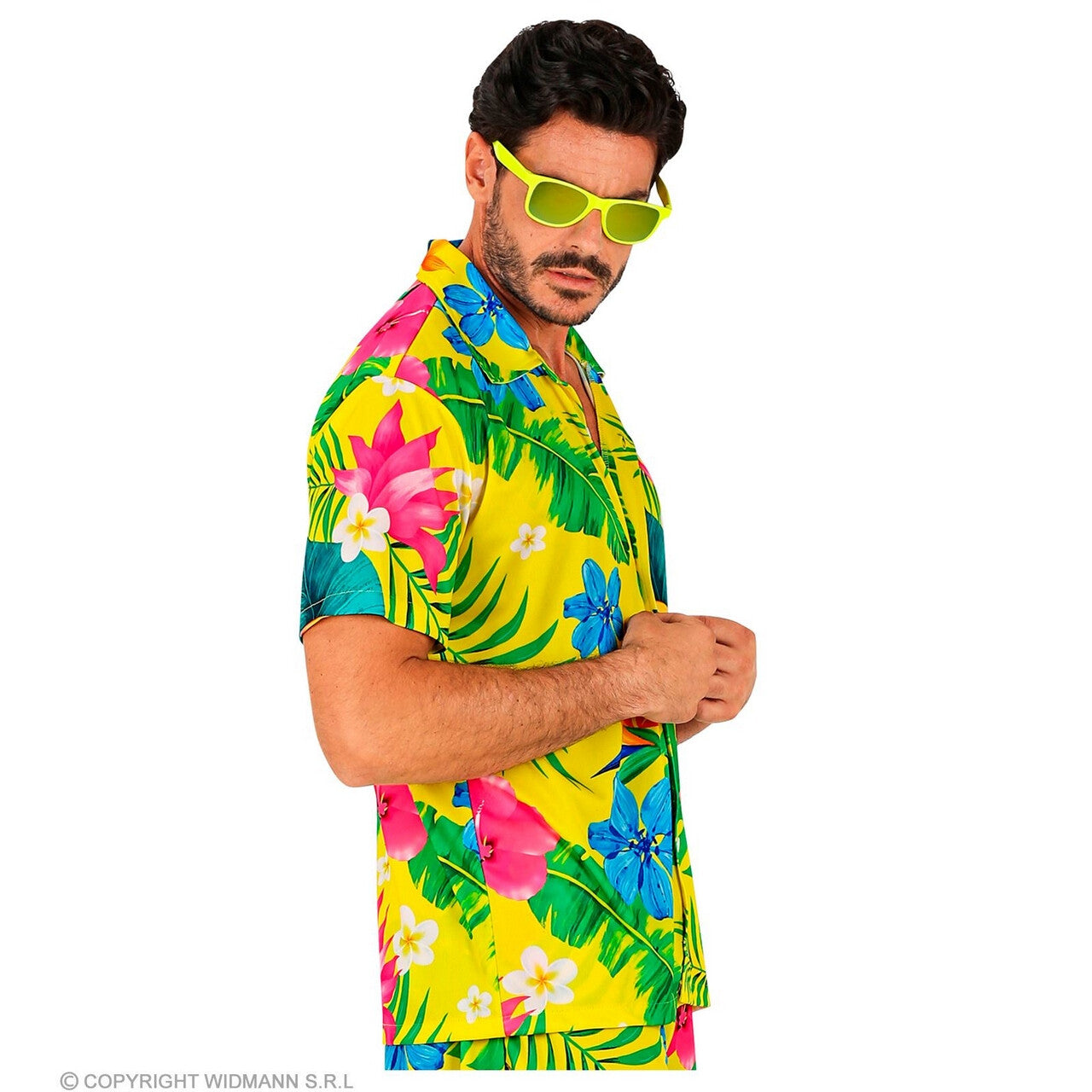 Op deze afbeelding zie je een Kostuums, van het merk Widmann. Tropical Island Beach Flowers Geel Shirt Man
