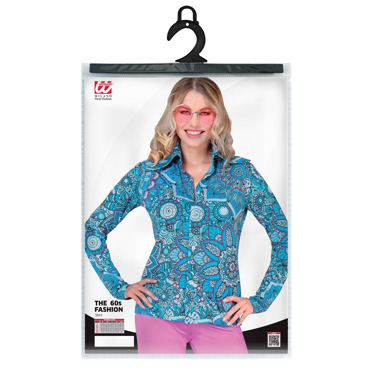 Op deze afbeelding zie je een Kostuums, van het merk Widmann. Super 60s Mandala Blue Shirt Vrouw