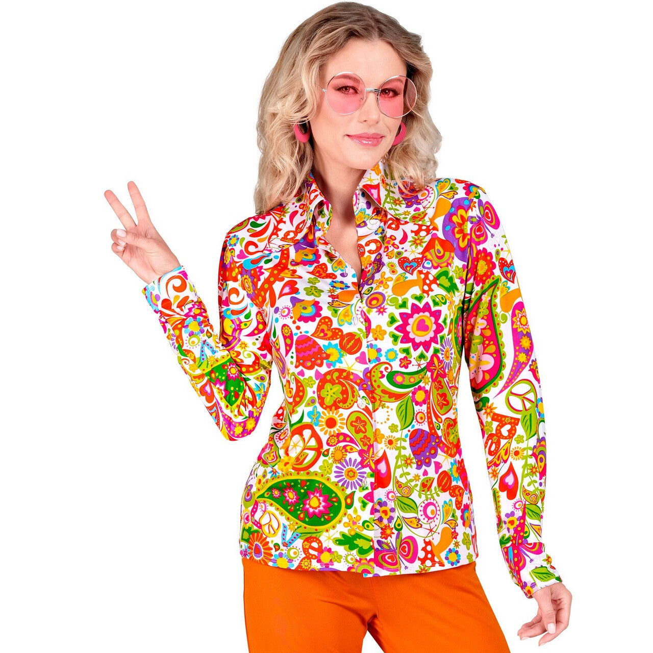 Op deze afbeelding zie je een Kostuums, van het merk Widmann. Super 60s Peace And Flower Shirt Vrouw