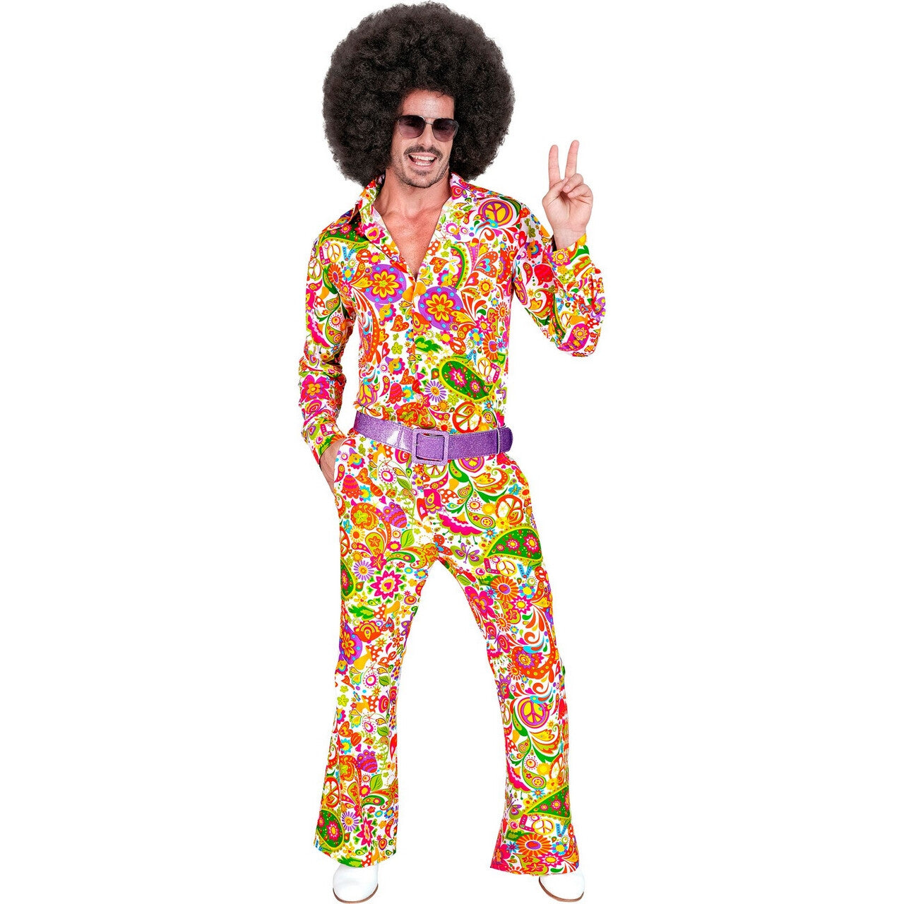 Op deze afbeelding zie je een Kostuums, van het merk Widmann. Super 60s Peace And Flower Wijde Pijpen Broek Man