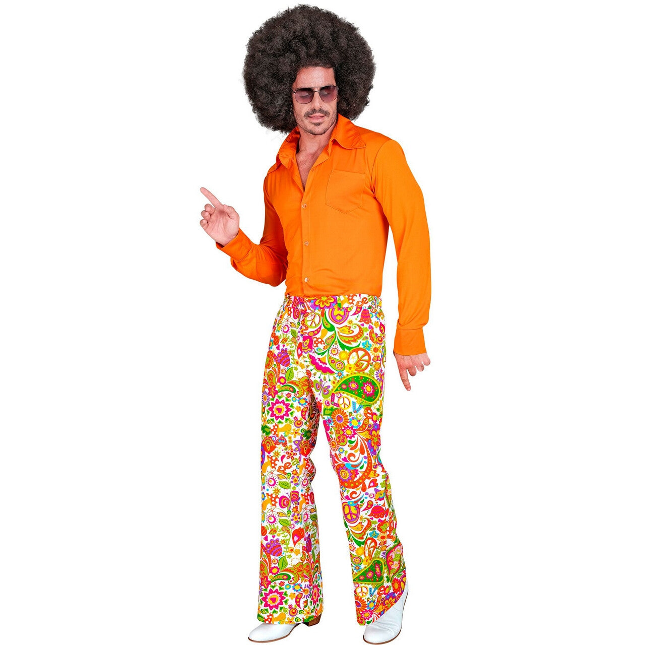 Op deze afbeelding zie je een Kostuums, van het merk Widmann. Super 60s Peace And Flower Wijde Pijpen Broek Man