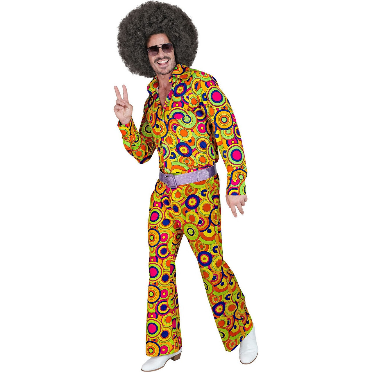 Op deze afbeelding zie je een Kostuums, van het merk Widmann. Love The 70s Longplay Circles Wijde Pijpen Broek Man