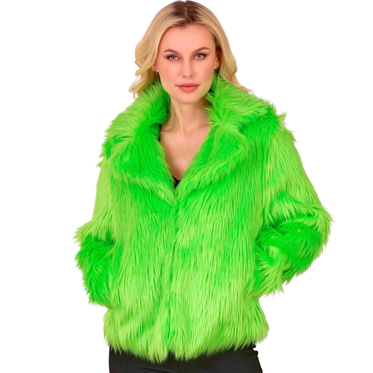 Op deze afbeelding zie je een Kostuums, van het merk Widmann. Neon Groene Bontjas Kikkergroen Vrouw