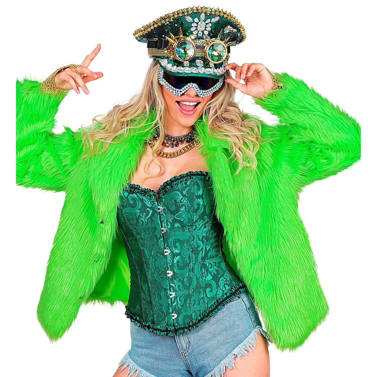 Op deze afbeelding zie je een Kostuums, van het merk Widmann. Neon Groene Bontjas Kikkergroen Vrouw
