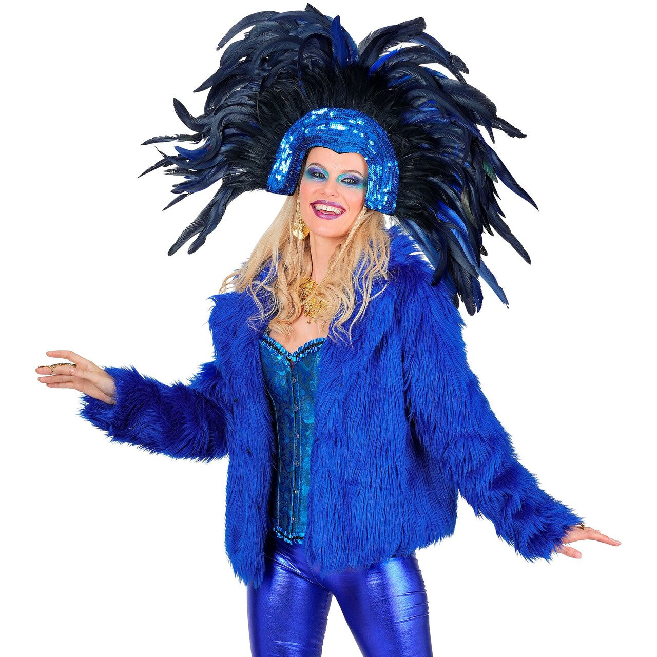 Op deze afbeelding zie je een Kostuums, van het merk Widmann. Kobalt Blauwe Bontjas Vrouw