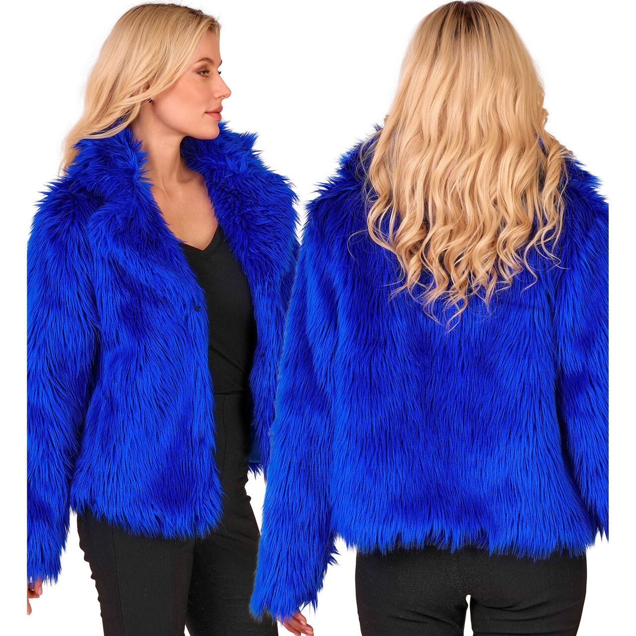 Op deze afbeelding zie je een Kostuums, van het merk Widmann. Kobalt Blauwe Bontjas Vrouw