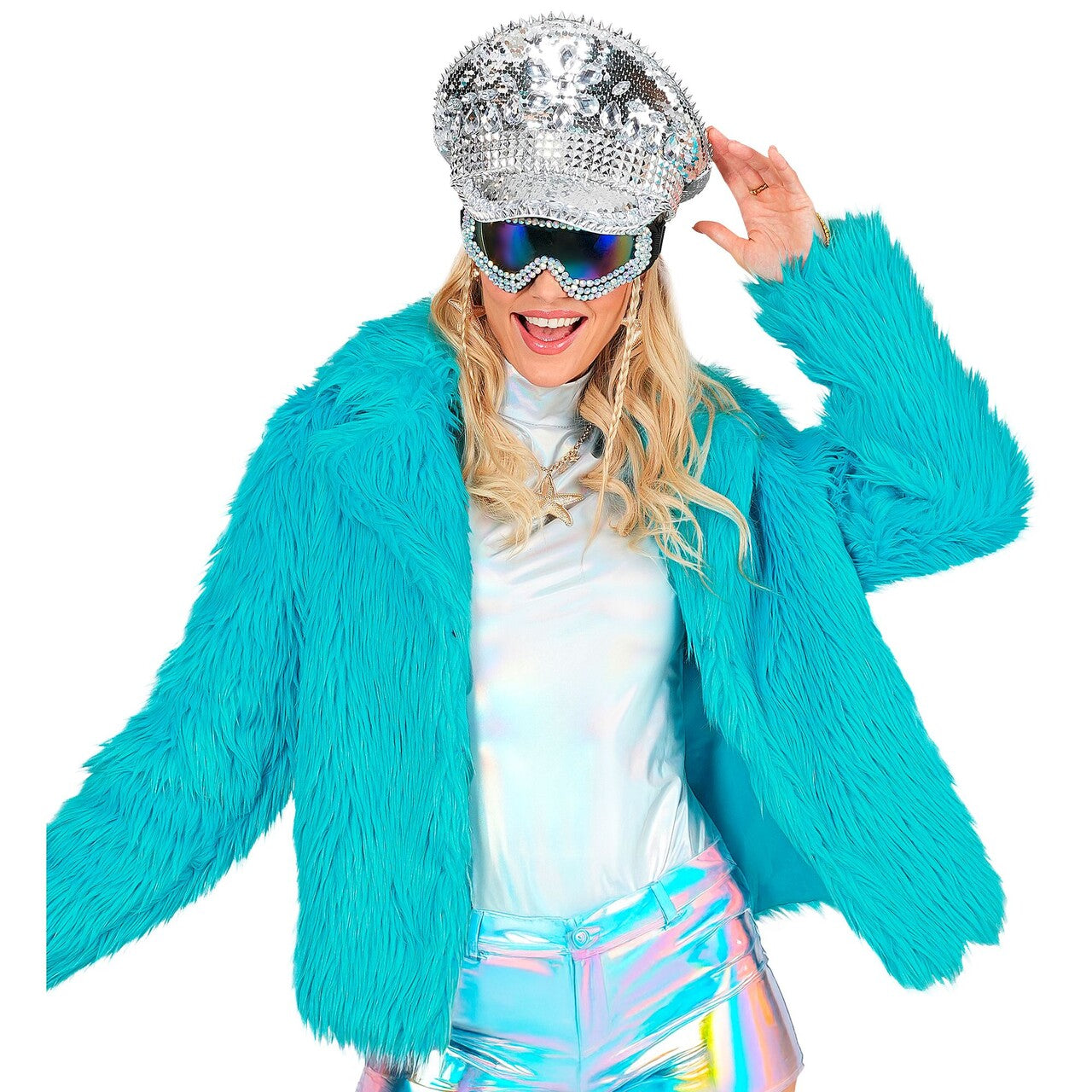 Op deze afbeelding zie je een Kostuums, van het merk Widmann. Lichtblauwe Bontjas Turquoise Vrouw