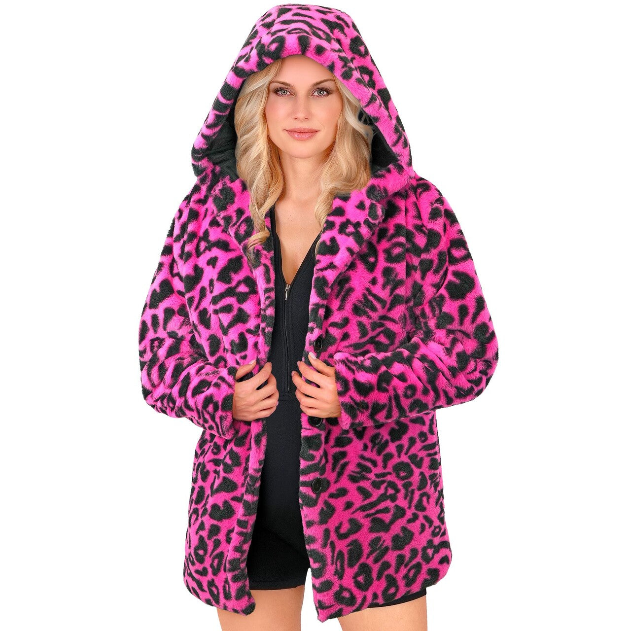 Op deze afbeelding zie je een Kostuums, van het merk Widmann. Bontjas Met Capuchon Cosy Snuggles Luipaard Roze