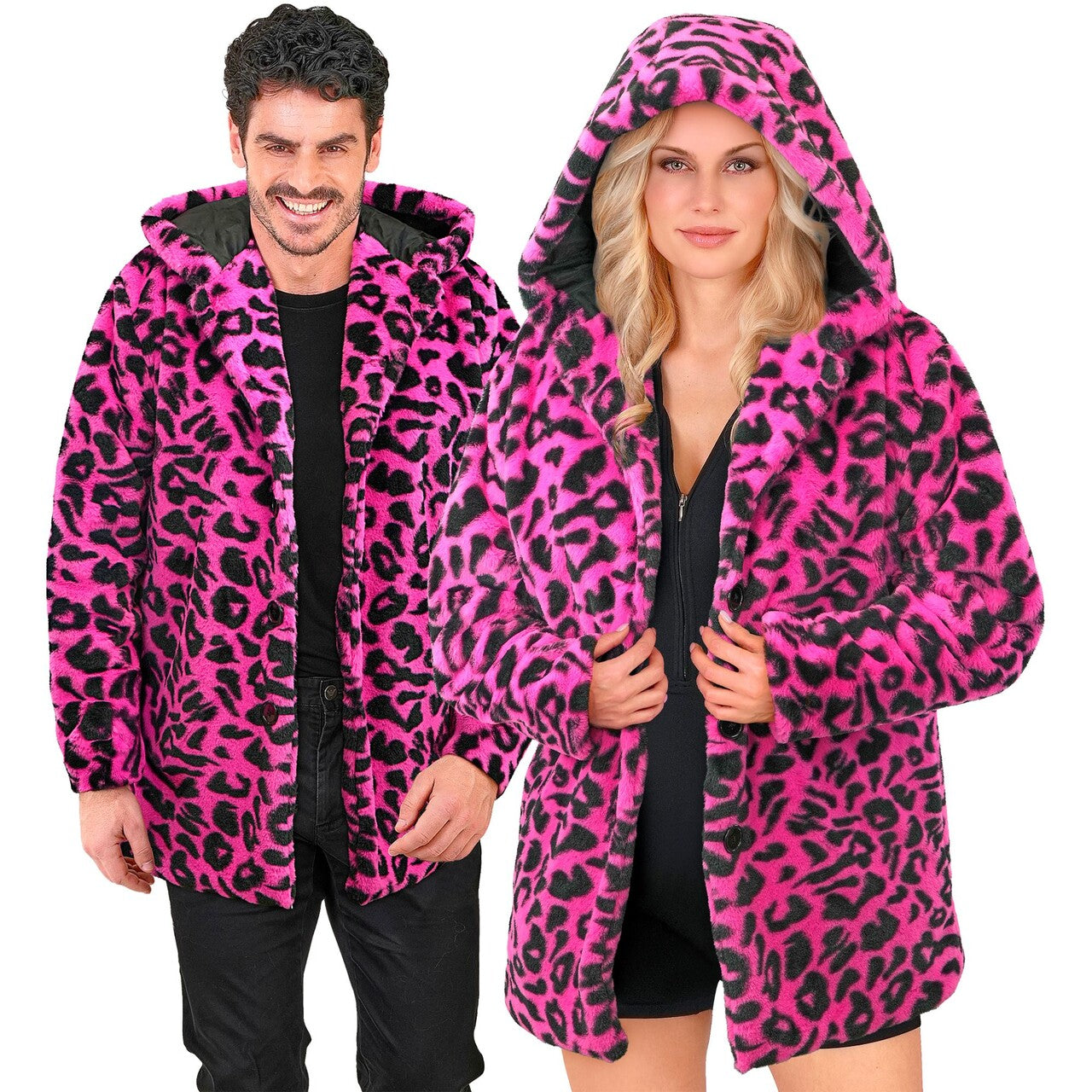 Op deze afbeelding zie je een Kostuums, van het merk Widmann. Bontjas Met Capuchon Cosy Snuggles Luipaard Roze